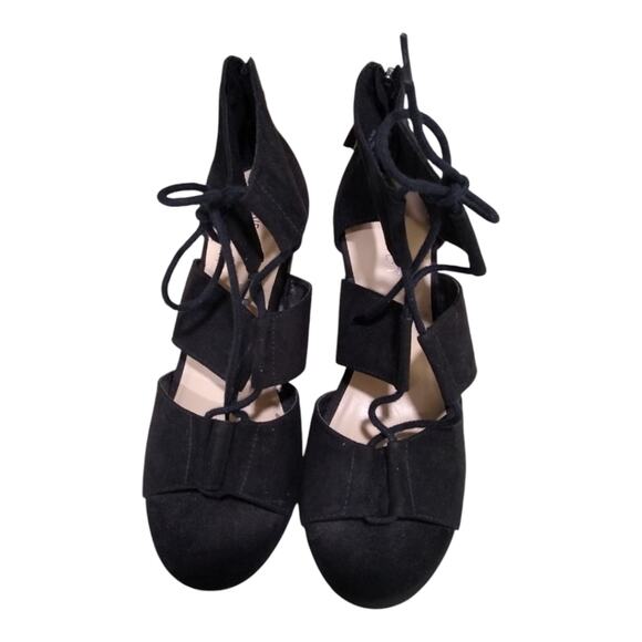 🎉[H141] Nine West Black Suede Open Toe Chinese Laundry Lace Up Wedges, Size 7 - Picture 2 of 5